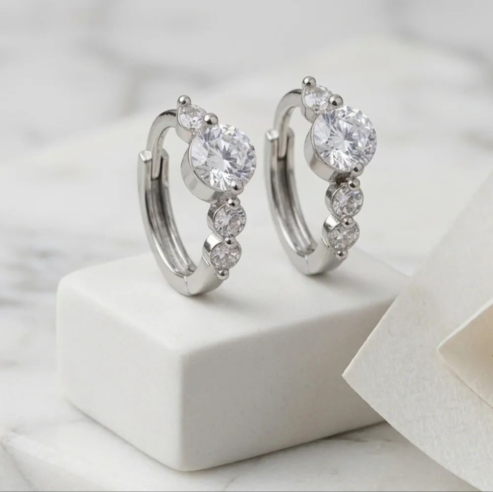 Dainty Sterling Silver CZ Huggie Hoop Earrings 0.45